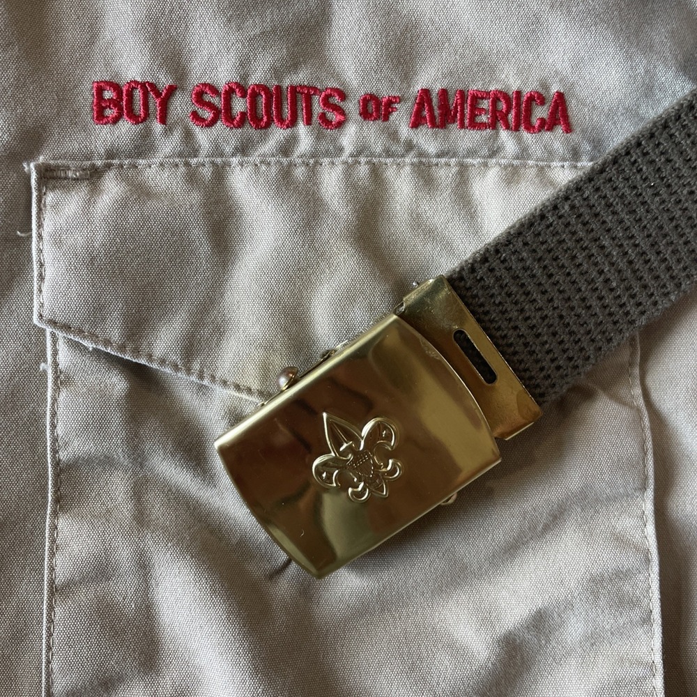 Boy Scout Of America Shirt Youth Large Tan Button Up & Olive Green Webbed Belt